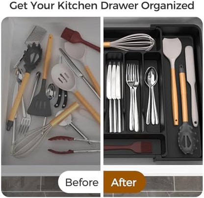ukeetap Extra Large Expandable Silverware Organizer, BPA-Free Food-Safe Cutlery Flatware Organizer, Kitchen Utensil Drawer Organizer, Adjustable Silverware Holder for Spoons Forks Knives, Black|B0F2TB2MMP
