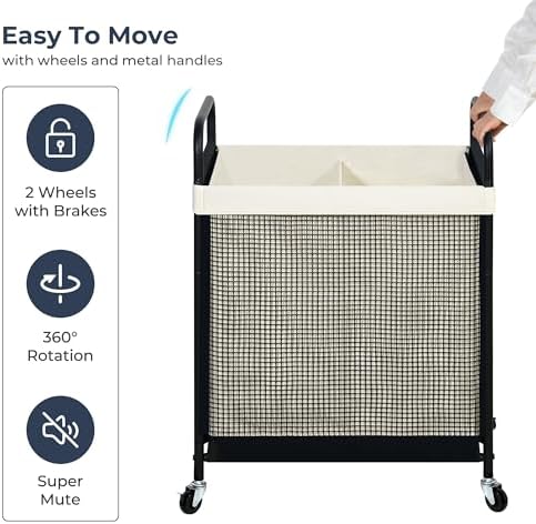 STO STO Laundry Hamper 2 Section, 100L Rolling Laundry Sorter Cart with Removable and Washable Liner Bag, Clothes Hamper with Wheels and Metal Handle for Laundry Room and Bedroom|B0CQ4MRB64