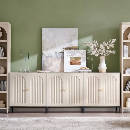 IFGET 92.63" W Modern Arched Sideboard Buffet Cabinet with Storage, Natural | Fluted Arch Sideboard Cabinet w/Adjustable Shelves, Wooden Modular Kitchen Cabinet for Dining& Living Room, Entryway|B0FXRGJ4S9