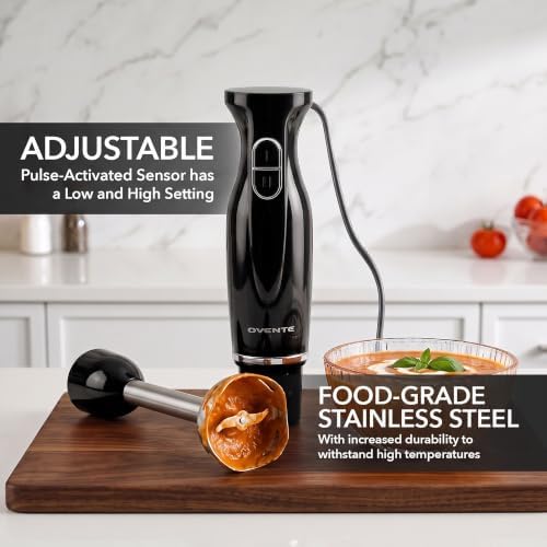OVENTE Electric Corded Hand Blender, 300W with 2 Mixing Speeds Black HS560B | Handheld Immersion Stick Mixer with Stainless Steel Blades for Smoothies, Purees & Baby Food|B076MJSRRC