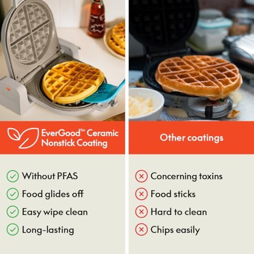 bella Flip-n-Store Waffle Maker with EverGood™ Ceramic Nonstick Coating, Fits-anywhere™ Kitchenware, Power Indicator Light, Cool Touch Handle & Cord Wrap, 7” Wide & 1" Deep Plates, 1000 Watt, Oatmilk|B0CYHZFMFX