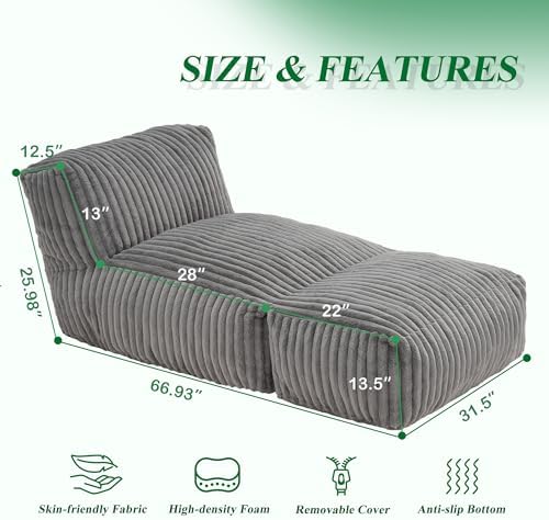 Hobestluk Large Bean Bag Chairs Sofa for Adults Giant BeanBag Couch Lounger | Ergonomic Design,Memory Foam,Washable Cover,Oversized Comfy Chaise Lounger Boneless Couch Living Room | Stripe Grey Large|B0DFB81517
