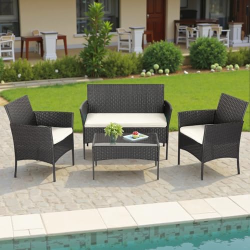 FDW 4-Piece Patio Furniture Set | Black | Outdoor Wicker Furniture | with Coffee Table | Modern Rattan Chairs Conversation Set | Outdoor Seating | Weather-Resistant | for Porch, Garden, Lawn|B07NZNZXMV