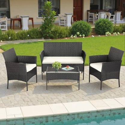FDW 4-Piece Patio Furniture Set | Black | Outdoor Wicker Furniture | with Coffee Table | Modern Rattan Chairs Conversation Set | Outdoor Seating | Weather-Resistant | for Porch, Garden, Lawn|B07NZNZXMV