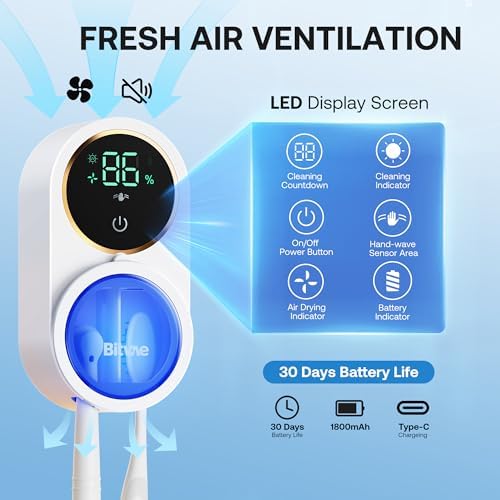 Bitvae Upgraded Tooth Brush Holder for Bathroom 2.0 Infrared Sensing | Toothbrush Cleaner, Wall-Mounted for Most Size Toothbrushes, Air Drying, LED Smart Screen, White Gold Trim|B0F3JGLLB8