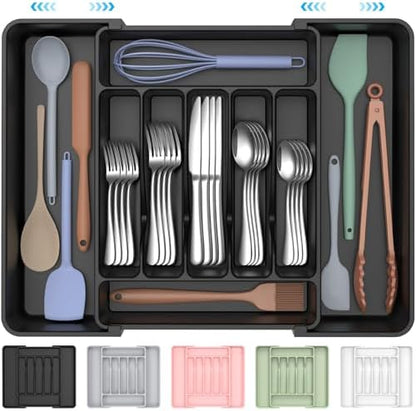 ukeetap Extra Large Expandable Silverware Organizer, BPA-Free Food-Safe Cutlery Flatware Organizer, Kitchen Utensil Drawer Organizer, Adjustable Silverware Holder for Spoons Forks Knives, Black|B0F2TB2MMP