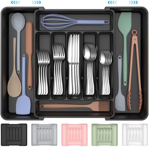 ukeetap Extra Large Expandable Silverware Organizer, BPA-Free Food-Safe Cutlery Flatware Organizer, Kitchen Utensil Drawer Organizer, Adjustable Silverware Holder for Spoons Forks Knives, Black|B0F2TB2MMP