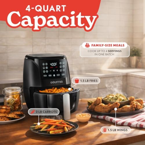 Gourmia Air Fryer - 4 Qt Capacity, FryForce360º, Digital Display with 8 Presets, Roast, Bake, Broil, Dehydrate, Dishwasher Safe Accessories, Compact, Black|B0CH3XC7NP