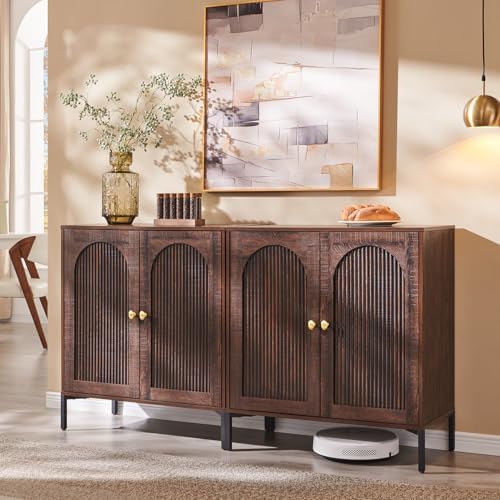IFGET 92.63" W Modern Arched Sideboard Buffet Cabinet with Storage, Natural | Fluted Arch Sideboard Cabinet w/Adjustable Shelves, Wooden Modular Kitchen Cabinet for Dining& Living Room, Entryway|B0FXRGJ4S9