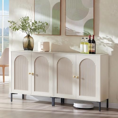 IFGET 92.63" W Modern Arched Sideboard Buffet Cabinet with Storage, Natural | Fluted Arch Sideboard Cabinet w/Adjustable Shelves, Wooden Modular Kitchen Cabinet for Dining& Living Room, Entryway|B0FXRGJ4S9