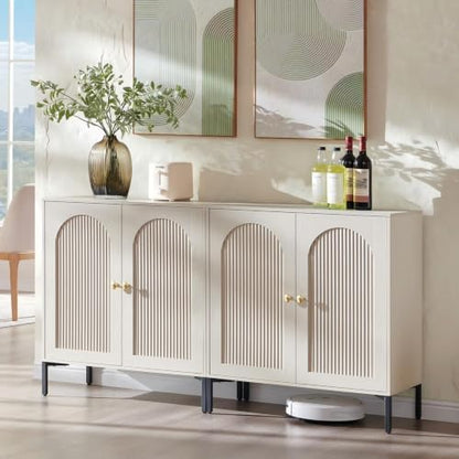 IFGET 92.63" W Modern Arched Sideboard Buffet Cabinet with Storage, Natural | Fluted Arch Sideboard Cabinet w/Adjustable Shelves, Wooden Modular Kitchen Cabinet for Dining& Living Room, Entryway|B0FXRGJ4S9