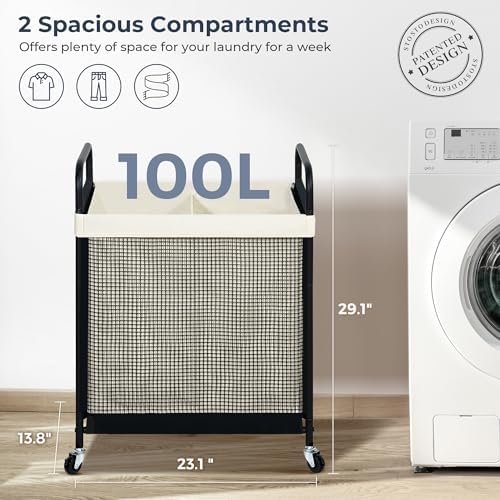 STO STO Laundry Hamper 2 Section, 100L Rolling Laundry Sorter Cart with Removable and Washable Liner Bag, Clothes Hamper with Wheels and Metal Handle for Laundry Room and Bedroom|B0CQ4MRB64