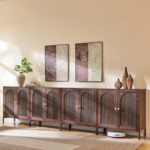 IFGET 92.63" W Modern Arched Sideboard Buffet Cabinet with Storage, Natural | Fluted Arch Sideboard Cabinet w/Adjustable Shelves, Wooden Modular Kitchen Cabinet for Dining& Living Room, Entryway|B0FXRGJ4S9