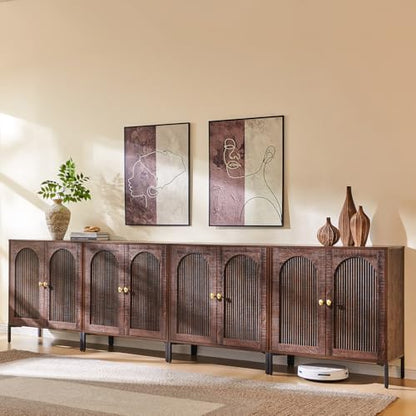 IFGET 92.63" W Modern Arched Sideboard Buffet Cabinet with Storage, Natural | Fluted Arch Sideboard Cabinet w/Adjustable Shelves, Wooden Modular Kitchen Cabinet for Dining& Living Room, Entryway|B0FXRGJ4S9