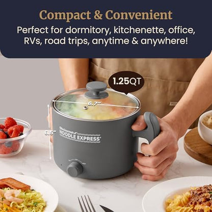 Elite Gourmet Noodle Express Electric Hot Pot, Stainless Steel, Grey | Prepares ramen, rice, soups & stews, boils water fast - glass lid - High/Low/Off settings|B0FDJTMMBR