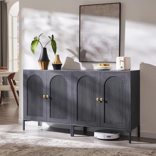 IFGET 92.63" W Modern Arched Sideboard Buffet Cabinet with Storage, Natural | Fluted Arch Sideboard Cabinet w/Adjustable Shelves, Wooden Modular Kitchen Cabinet for Dining& Living Room, Entryway|B0FXRGJ4S9