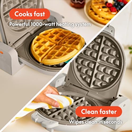 bella Flip-n-Store Waffle Maker with EverGood™ Ceramic Nonstick Coating, Fits-anywhere™ Kitchenware, Power Indicator Light, Cool Touch Handle & Cord Wrap, 7” Wide & 1" Deep Plates, 1000 Watt, Oatmilk|B0CYHZFMFX