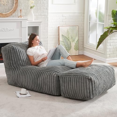 Hobestluk Large Bean Bag Chairs Sofa for Adults Giant BeanBag Couch Lounger | Ergonomic Design,Memory Foam,Washable Cover,Oversized Comfy Chaise Lounger Boneless Couch Living Room | Stripe Grey Large|B0DFB81517
