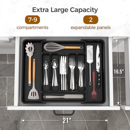 ukeetap Extra Large Expandable Silverware Organizer, BPA-Free Food-Safe Cutlery Flatware Organizer, Kitchen Utensil Drawer Organizer, Adjustable Silverware Holder for Spoons Forks Knives, Black|B0F2TB2MMP