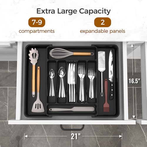 ukeetap Extra Large Expandable Silverware Organizer, BPA-Free Food-Safe Cutlery Flatware Organizer, Kitchen Utensil Drawer Organizer, Adjustable Silverware Holder for Spoons Forks Knives, Black|B0F2TB2MMP