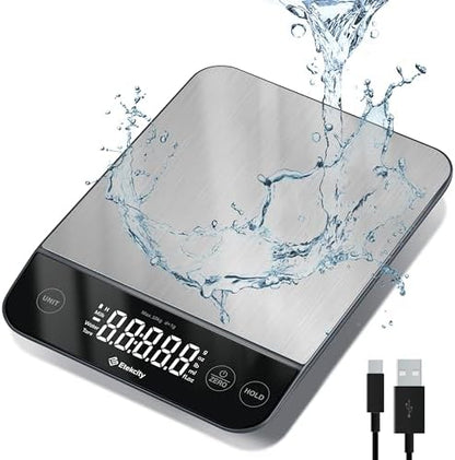 Etekcity 22lb Food Kitchen Scale, USB Rechargeable, IPX6 Waterproof | Digital scale with grams & ounces, 1g precision, 5 weight units, tare, ideal for baking, meal prep, Stainless Steel, Silver|B09HM2TN5Z