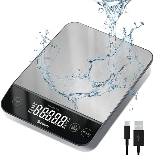 Etekcity 22lb Food Kitchen Scale, USB Rechargeable, IPX6 Waterproof | Digital scale with grams & ounces, 1g precision, 5 weight units, tare, ideal for baking, meal prep, Stainless Steel, Silver|B09HM2TN5Z