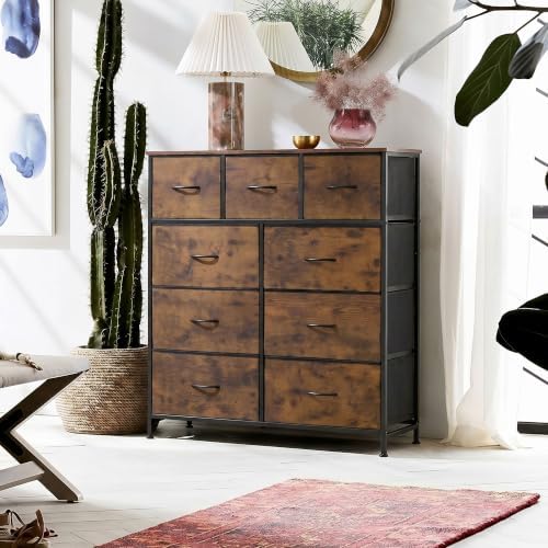 WLIVE Tall Dresser for Bedroom, 9 Drawer Chest of Drawers, Rustic Brown | 9 roomy fabric drawers, Tall storage design, Bedroom or closet use, Sturdy steel frame, Smooth wood tabletop|B095PF22B8