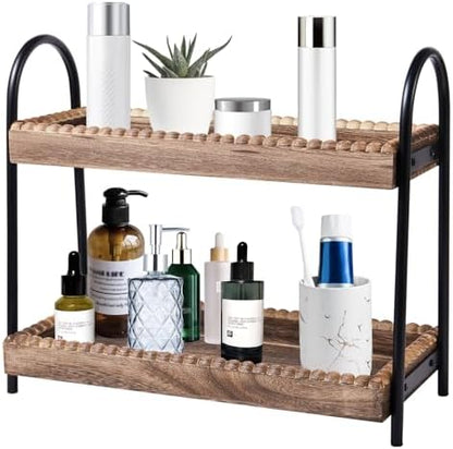 BDBDYEAY Bathroom Countertop Organizer, 2 Tier Vanity Organizer and Storage for Cosmetic Skincare Perfume, Wood Bead Storage Shelf for Bathroom Kitchen Coffee Station|B0CJPT1242