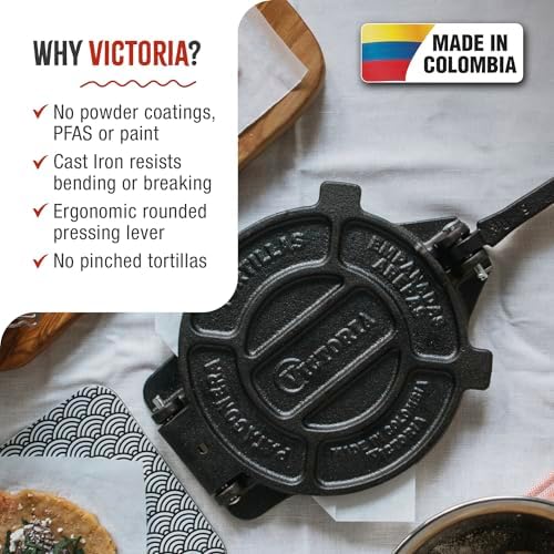Victoria 8 Inches Cast Iron Tortilla Press, Roti Maker and Tortilladora, Pataconera Seasoned with Flaxseed Oil, Made in Colombia, Traditional Style, Black | Pataconera, Seasoned with Flaxseed Oil, Made in Colombia, Traditional Style, Black|B00HWEIKZO