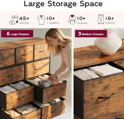 WLIVE Tall Dresser for Bedroom, 9 Drawer Chest of Drawers, Rustic Brown | 9 roomy fabric drawers, Tall storage design, Bedroom or closet use, Sturdy steel frame, Smooth wood tabletop|B095PF22B8