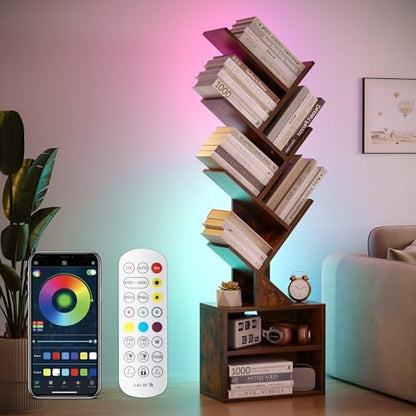 SUNMORY 6 Tier Tree Bookshelf, Tall Small Bookcase with Storage Cabinet | Modern Narrow Bookshelves Organizer, Floor Standing Book Case Shelf for Bedroom Living Room Home Office Corner, Rustic Brown|B0C88XTSMM