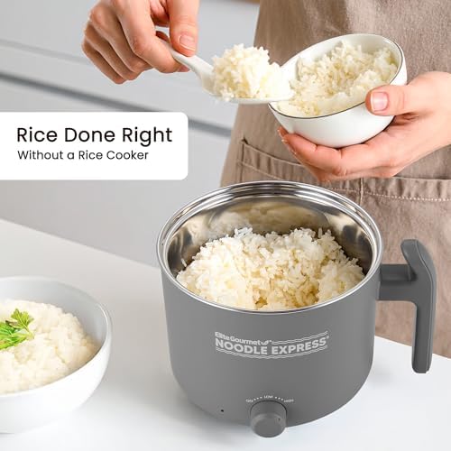 Elite Gourmet Noodle Express Electric Hot Pot, Stainless Steel, Grey | Prepares ramen, rice, soups & stews, boils water fast - glass lid - High/Low/Off settings|B0FDJTMMBR