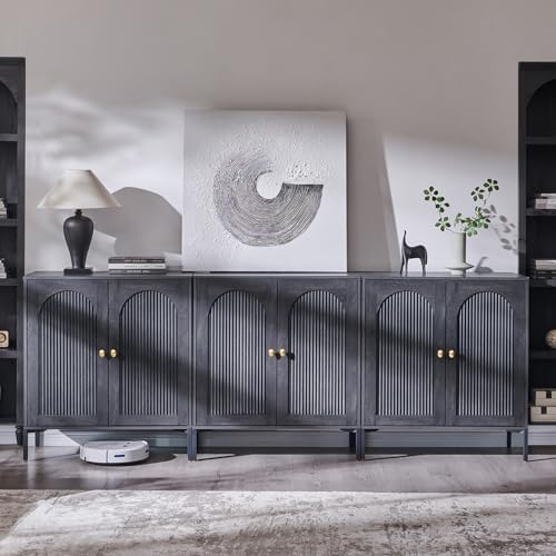 IFGET 92.63" W Modern Arched Sideboard Buffet Cabinet with Storage, Natural | Fluted Arch Sideboard Cabinet w/Adjustable Shelves, Wooden Modular Kitchen Cabinet for Dining& Living Room, Entryway|B0FXRGJ4S9