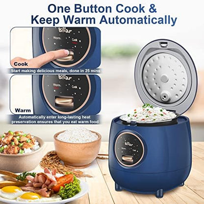 Bear Mini Rice Cooker, 2-Cup Uncooked, Nonstick, Keep Warm, BPA Free, Blue | Portable 1.2L nonstick small rice cooker for travel, dorm, single serve, One-touch operation, Removable pot, Auto keep warm|B0B1PFJKSY