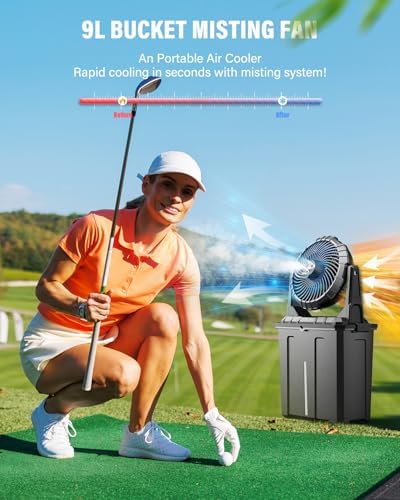 Ausic 10″ 9L Portable Misting Fan, [Max 55Hrs] Golf Cart Mister Fan for Outside Patios, 20000mAh Outdoor Rechargeable Battery Operated Water Cooling Fan, Summer Camping Essentials - 3 Spray Misters|B0CSYNJNV1
