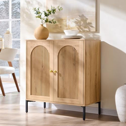 IFGET 92.63" W Modern Arched Sideboard Buffet Cabinet with Storage, Natural | Fluted Arch Sideboard Cabinet w/Adjustable Shelves, Wooden Modular Kitchen Cabinet for Dining& Living Room, Entryway|B0FXRGJ4S9